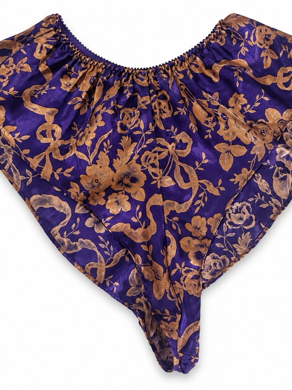 Vtg Victoria's Secret 80’s Gold Label Purple & Gold Satin Silky High Cut Tanga S